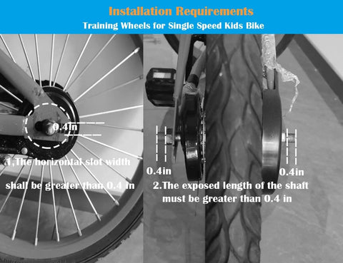 Heavy Duty Training Wheels For 12 To 20 Inch Kids Bikes Universal Fit For Single Speed Bicycles Easy Install With A Stable, Safe Ride For Beginners Black installation requirements diagram.