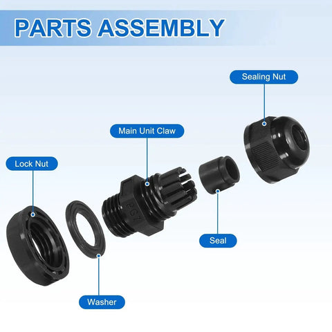 Exploded view of 30 pcs PG7 cable glands adjustable 3-6.5mm PA6 nylon IP68 waterproof connectors with seals for industrial use, black