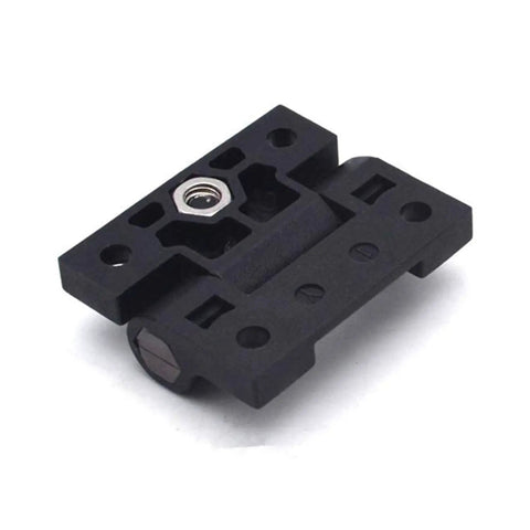 Close-up view of two pack black nylon adjustable torque hinge position control hinges for cabinets, furniture, woodworking, electronics.