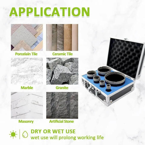 Diamond Core Drill Bits Set 6pc 19mm 25mm 35mm 51mm 76mm 102mm For Porcelain Tile Marble Granite Masonry Brick Dry Wet Drilling Kit With Diamond Finger Bit, case and application surfaces displayed.