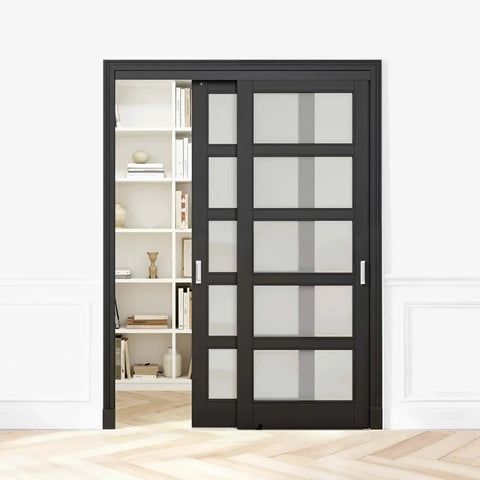 Dual Track Bypass Sliding Door Hardware Kit For Closet Doors, 5 Ft Aluminum Alloy System with smooth and quiet operation installed.