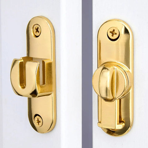 Gold 90/180 Degree Barn Door Latch With Right Angle Mount Zinc Alloy Flip Lock on white door, front view, installed