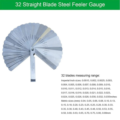 32 straight blade steel feeler gauge with measurement markings, shown fanned out against a white background.