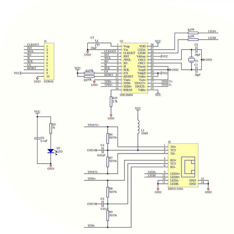 Schematic diagram showing ENC28J60 Ethernet LAN Module With SPI Interface For Arduino AVR PIC LPC STM32 3.3V Powered HR911105A