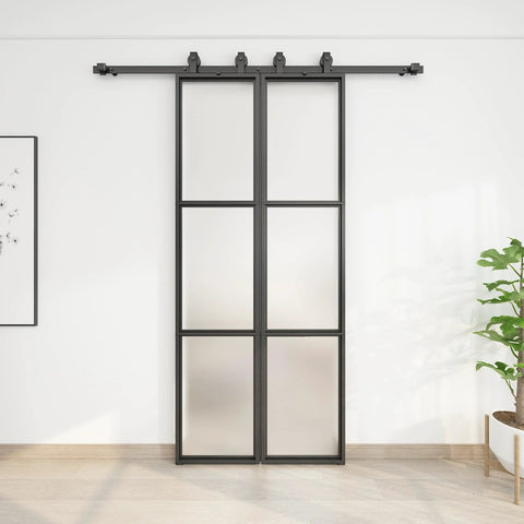 Front view of Two Sets Of 18 Inch By 84 Inch Three Paneled Frosted Glass Double Barn Doors With Carbon Steel Frame And Hardware Kit Soft Close Included Easy To Install