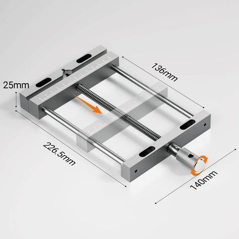 Aluminum Bench Vise Clamp For CNC Router Machines, High Precision Clamp shown with measurements for woodworking projects.