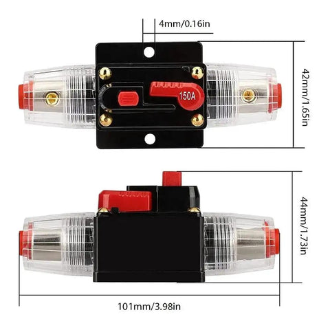 Inline 150A Fuse Holder Circuit Breaker for Car Audio and Amp Setups, showing dimensions and manual reset switch