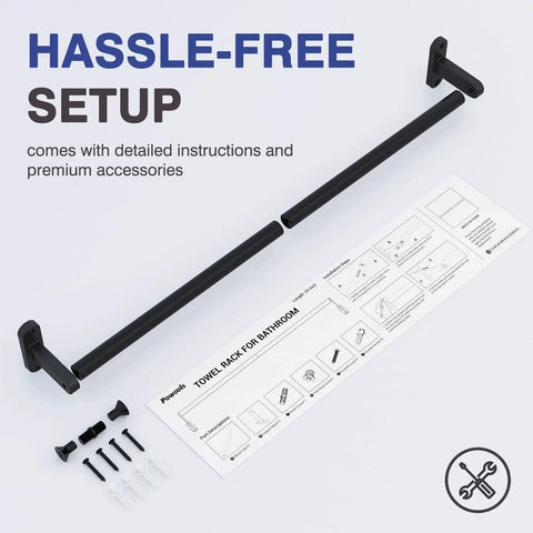 Matte Black 24 Inch Wall Mounted Towel Rack With Rustproof Aluminum Construction shown with installation accessories and instructions