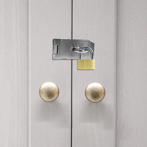 2 Pieces Stainless Steel Gate Lock Hasp Set installed on cabinet doors, 3 inch, silver, polished surface, for enhanced home security