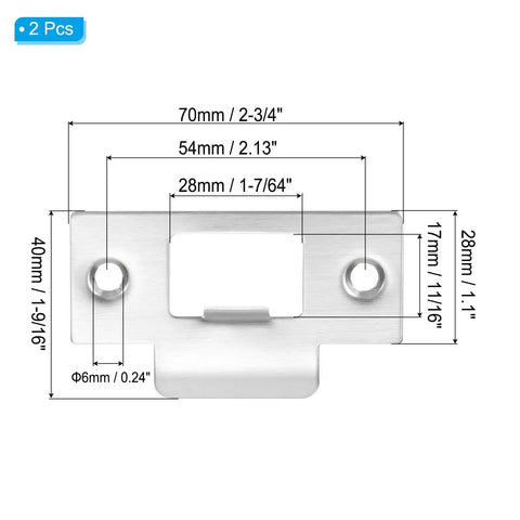 Sturdy Stainless Steel Door Strike Plate 2-3/4 Inch T Strike Backplate For Interior And Exterior Doors 2 Pack Silver 70 X 40 mm With 28 X 17 mm Hole Size Rust Resistant And Durable with measurements