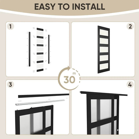 Installation guide for 60-Inch By 80-Inch Sliding Closet Door With 5-Lite Frosted Glass Bypass, hardware kit and matching fascia