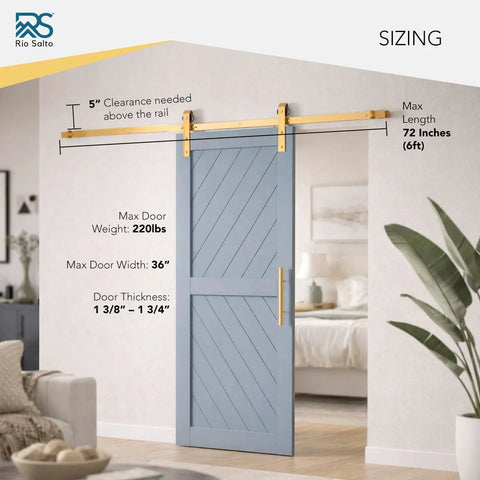 Brushed Brass Gold Barn Door Hardware Kit No Fuss With 72 Inch Track System For Single Door, Heavy Duty Rail, Blue Door Installed