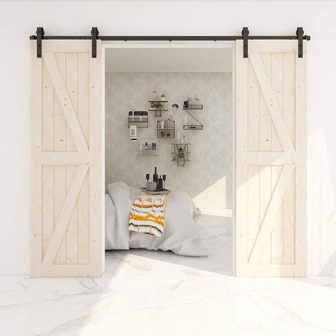 5.5 Foot Sliding Barn Door Hardware Kit Heavy Duty Track For Double Wood Doors installed showing J Shape Hangers