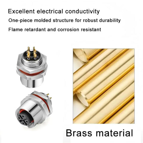 Rugged M12 4-Pin A-Coded Male Connector Cable With Front Panel Mount Unshielded Straight Plug shown with brass material for durability