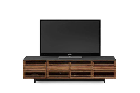 Quad Width Low Media Cabinet 8173 With Natural Walnut Finish, space-saving TV console under television with cable management