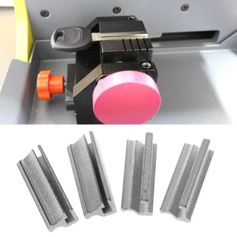 Key Duplicating Fixture Clamp for Key Machines in silver, durable stainless steel set, showing installed and individual pieces.