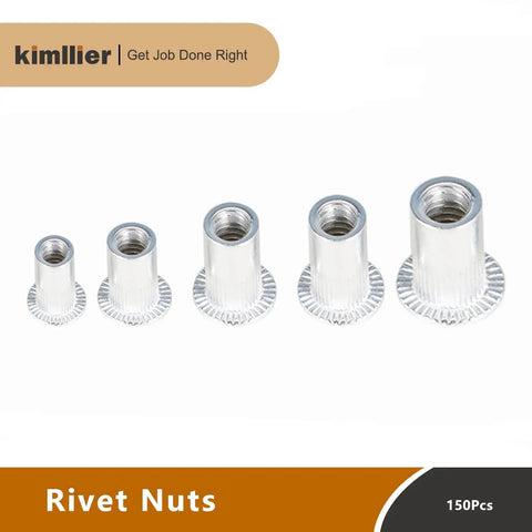 150 Piece Aluminum Rivet Nuts Kit With Flat Head For Easy Install No Fuss Pro Grade, SAE Sizes shown in increasing order