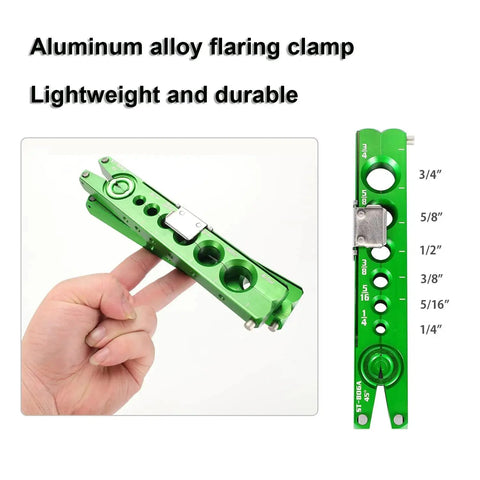Person holding HVAC Single Flare Tool 1/4 To 3/4 In With 45 Degree Eccentric Cone Clutch, aluminum alloy, compact design.