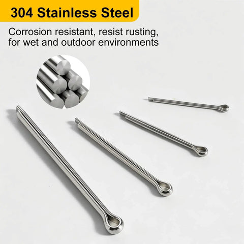 Workhorse 365 Piece Stainless Steel Cotter Pin Assortment Kit With Four Sizes M1.6x25mm M2.5x30mm M3.2x40mm M4.0x60mm in image of four stainless steel cotter pins displayed in a row, highlighting different sizes and rust-resistant 304 stainless steel material.
