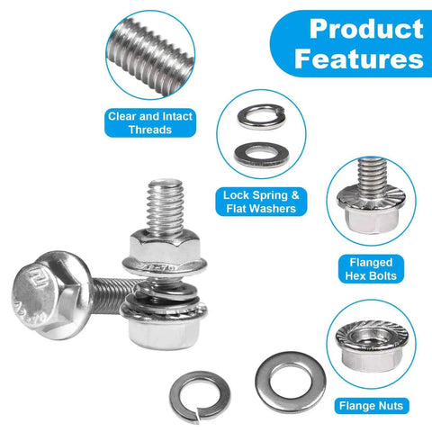 M6 Flanged Hex Head Bolts Kit, 20mm Length, 304 Stainless Steel Hardware Set with nuts and washers for auto machinery DIY