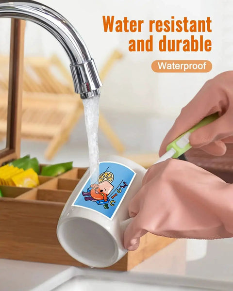 Mug with waterproof sticker under running water, emphasizing durability of Premium Printable Vinyl Sticker Paper for DIY crafts.