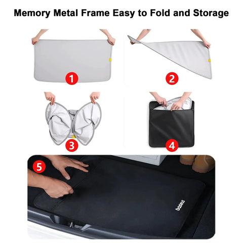 Tesla Model 3 Roof Sunshade Upgrade Full Coverage Sunroof Shade UV Protection folded and stored in black case.