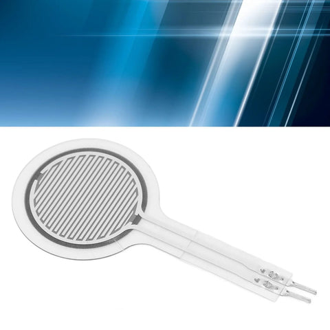 Force sensitive resistor circular thin-film pressure sensor with two white flexible leads, 0-50 kg range