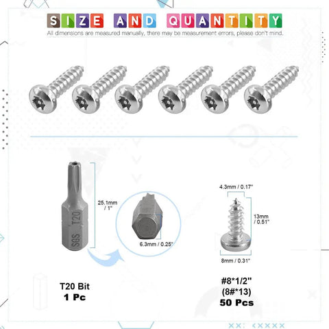50 Pack Number Eight One Half Inch Torx Security Sheet Metal Screws Button Head Tamper Resistant Stainless Steel 304 With T20 Bit, shown with screws and T20 bit for home and office projects