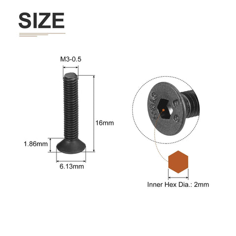M3-0.5x16mm Flat Head Socket Cap Screws 50 Pack Hex Socket Countersunk Bolts Full Thread Carbon Steel Black Oxide size diagram