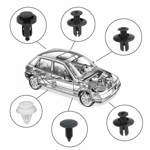100Pcs Box Set Bumper And Fender Liner Clips Kit With 6 Sizes Push Type Retainer Fasteners For Ford Taurus E 350 Econoline Expedition And F 150 Heritage Auto Repair DIY displayed with car diagram and clip sizes