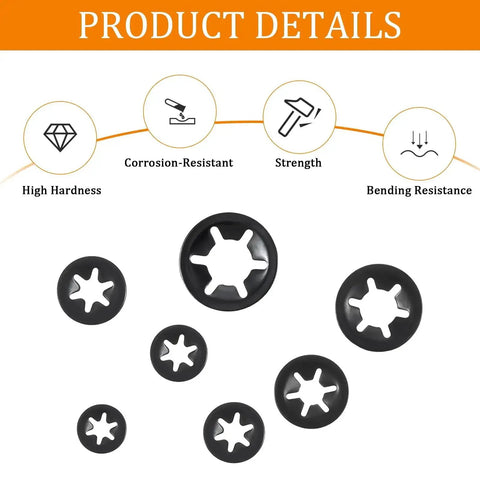 635Pcs Internal Tooth Star Lock Washers Set For M3 Through M12 Quick On Push On Locking Washers Steel Black Oxide Finish shown