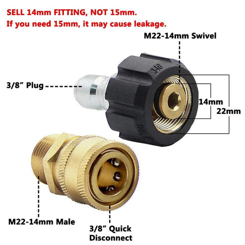 Two-piece Twinkle Star pressure washer adapter set, brass M22-14mm to 3/8-inch quick-connect, swivel fittings