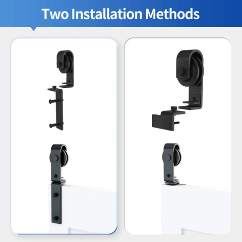 Two installation methods for Double Bifold Sliding Barn Door Hardware Kit For Closet Doors, 48 Inch, Top Mount Track System With 51 Inch Track