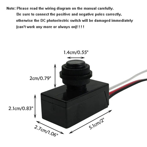 Outdoor Dusk To Dawn Photoelectric Sensor Switch For Easy Install Hard Wired Lighting Auto On Off Post Eye Light Controller DC 8 To 50V Input Works With 12V 24V 36V 48V Systems Waterproof Heavy Duty Case 5 Amp Load with dimensions and wiring notes