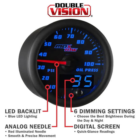 Double Vision 100 PSI Oil Pressure Gauge Kit For Trucks With Analog And Digital Readouts, Black Face Dial, Blue LED, MaxTow