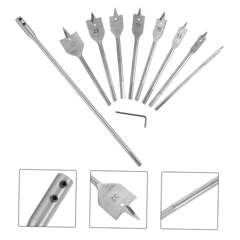 10 Piece Pro Grade Woodworking Drill Bit Set With Flat Boring Bits For Smooth Holes And Precision Panel Drilling Great For Door Hinges Drawer Installations And Hobby Woodworking DIYEAH, showing various drill bit sizes and hex key.