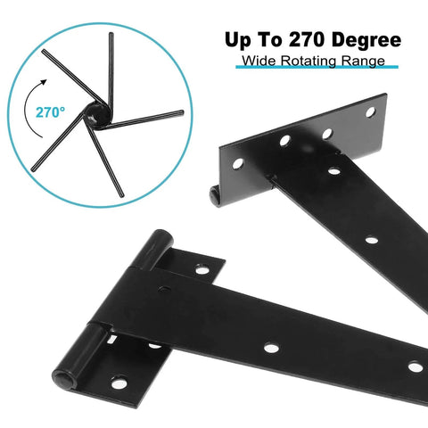 2 Inch T Strap Hinges Six Pack Heavy Duty Black Carbon Steel with 270 Degree Rotation for Barn Doors and Gates