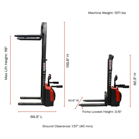 Amazon pallet stacker, 3300 lb cap, 118 in lift, front/side views, walk-behind with fixed straddle legs, red/black