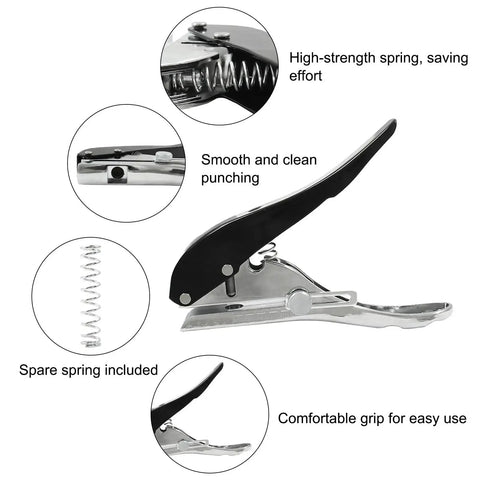 Diagram of Heavy Duty Three Eighths Inch Hole Punch For IDs And PVC Cards with spring, grip features, chrome-plated zinc alloy construction.