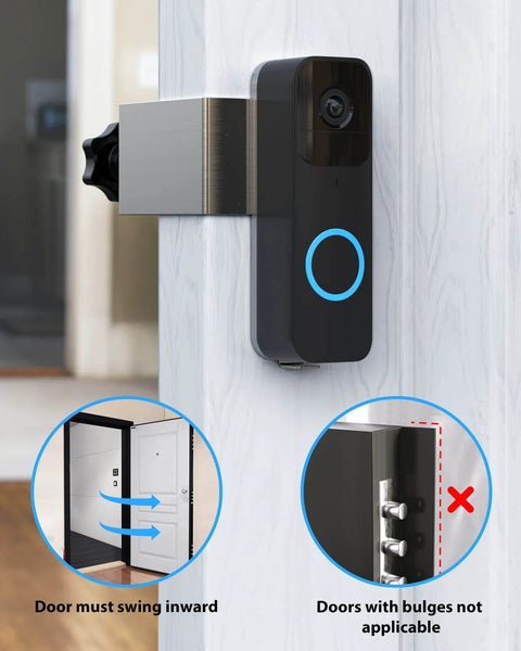 No Drill Anti Theft Doorbell Mount For Blink Video Doorbell attached to an inward-opening white door shown in close-up view