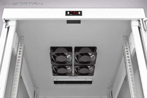 Interior view of Beefy 42U Server Rack Cabinet With 35 Inch Depth Free Standing IT Enclosure showing four cooling fans on top panel.