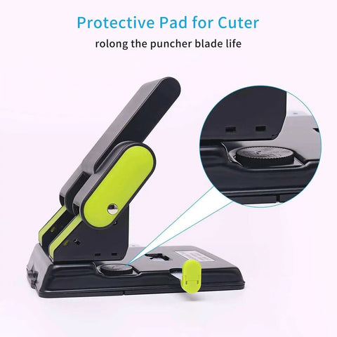 2 Hole Paper Punch With Adjustable 70Mm Or 80Mm Spacing And 6Mm Hole, close-up of side view showing protective pad feature.