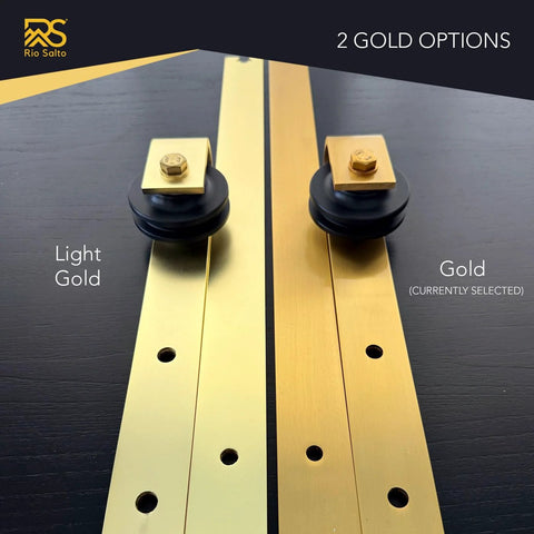 Gold Sliding Barn Door Hardware Kit With 72 Inch Track, Brushed Brass Finish, Aluminum Rail, color comparison of light gold and gold
