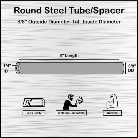 Round steel tube spacer, 3/8 in OD x 1/4 in ID, 8 in long, 2-pack.