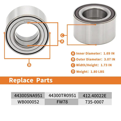 Detailed view of a front wheel bearing hub assembly for Honda Civic 2006-2020 and Acura ILX 2013-2014, showing dimensions and replace parts.