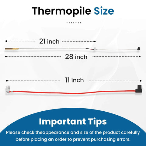 Thermopile for water heater with white 21-inch lead and brass tip, plus red 11-inch lead with black connector.