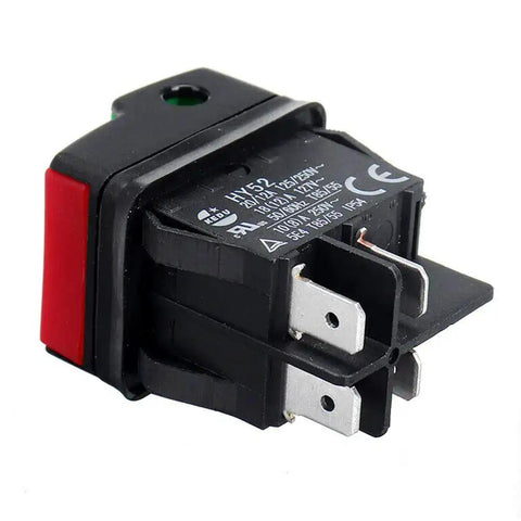 Four-pin black rocker style push button on off start stop switch for mechanical equipment and marine use, close-up view