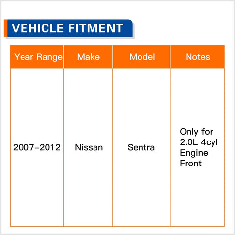 Vehicle fitment chart for Front Wheel Hub Bearing Assembly Set For Nissan Sentra 2007 Through 2012 2.0L Four Cylinder Engine