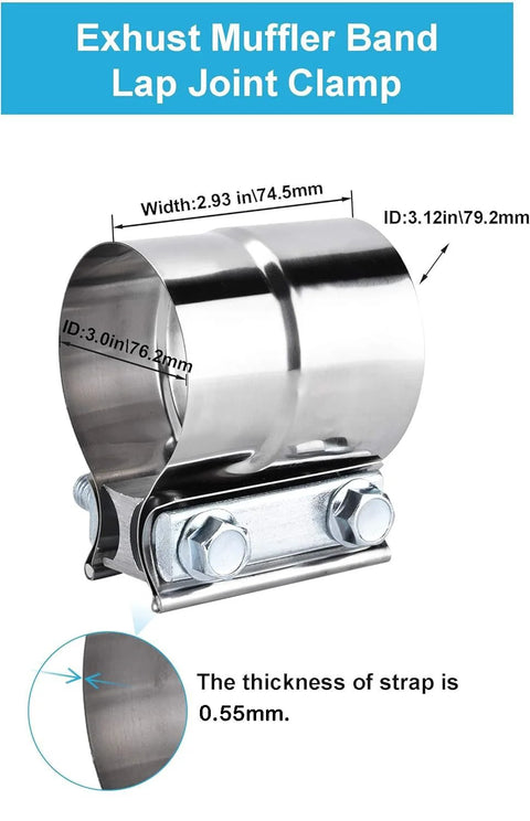 Exhaust clamp lap-joint band, 2.5 in, 304 stainless steel, for muffler pipe repair and catalytic converters.