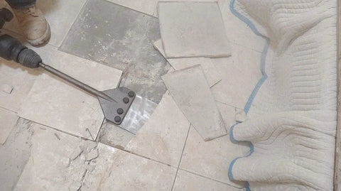 SDS Max Floor Scraper Heavy Duty Beast Pro Tool with Two Point Five Millimeter Blade for fast concrete demo in use on tile floor